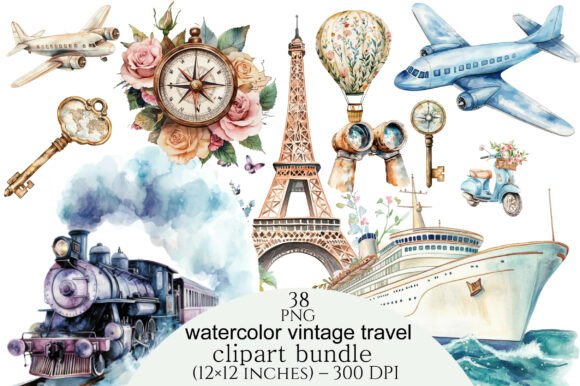 Download Watercolor Vintage Travel Clipart Bundle - Travel Collection