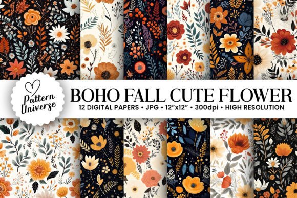 Download Boho Fall Cute Flowers Seamless Patterns - Fall cute Collection
