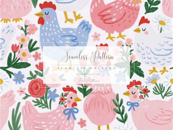 Download Whimsical Chickens Seamless Pattern PNG with Flowers - Png Collection