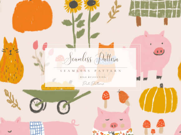 Download Cute Farm Autumn Pig and Cat Seamless Pattern PNG - Png Collection