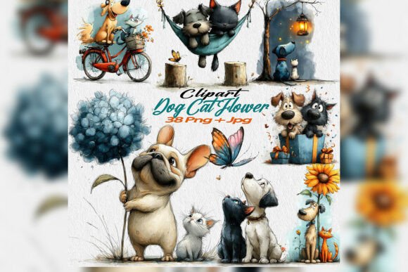 Download Whimsical Dog Cat Flower Clipart PNG Set - Png Collection