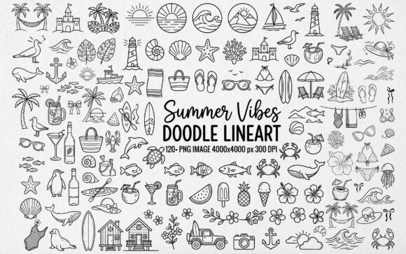 Download 120+ Summer Vibes Doodle Line Art PNG - Png Collection