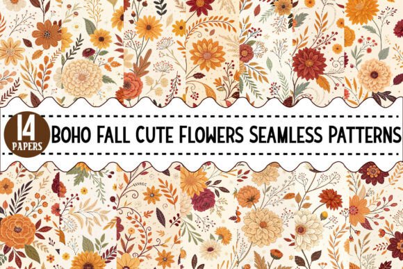 Download Boho Fall Cute Flowers Seamless Patterns - Fall cute Collection