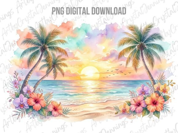 Download Watercolor Tropical Beach Sunset PNG - Sunset Collection