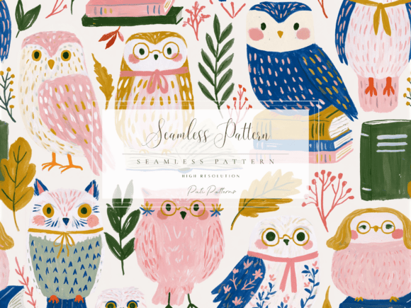 Download Whimsical Pink and Blue Owls Seamless Pattern PNG - Png Collection