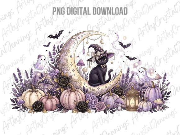 Download Purple Witch Cat Moon Halloween PNG - Png Collection